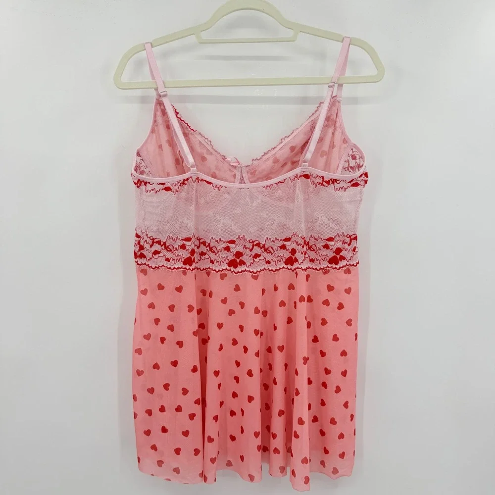 Pink Heart Print Mesh‎ Babydoll Nightgown Lace Trim Sleepwear 4XL